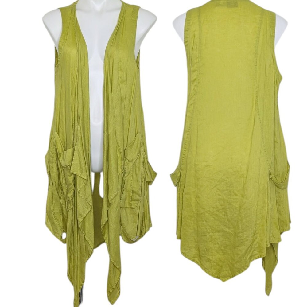 LA Blend Brat Green Yellow Linen Flowy Front Pocket Open Vest Lagenlook